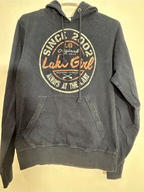 Lake Girl Women’s Distressed Navy Graphic Pullover Hoodie Front Pocket Size S